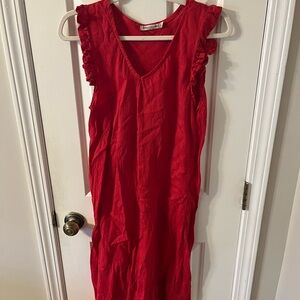 Linen Red Sleeveless Ruffle Dress